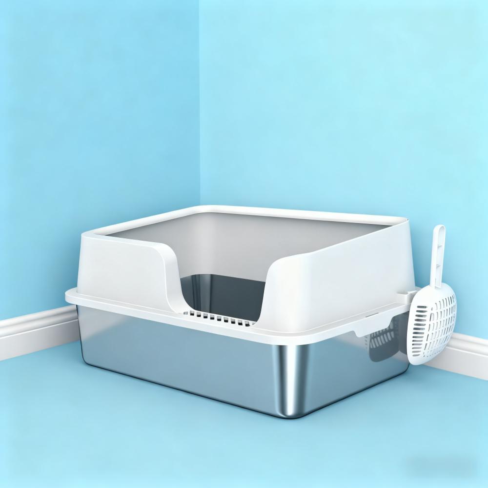 Stainless Steel Litter Box With High Side, Scoop For Big Cats