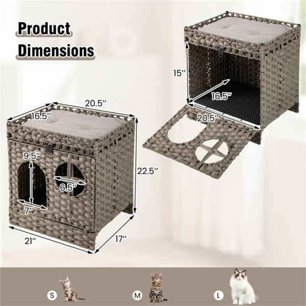 2 Tier Wicker Cat Condo With Litter Mat Hidden Litter Box