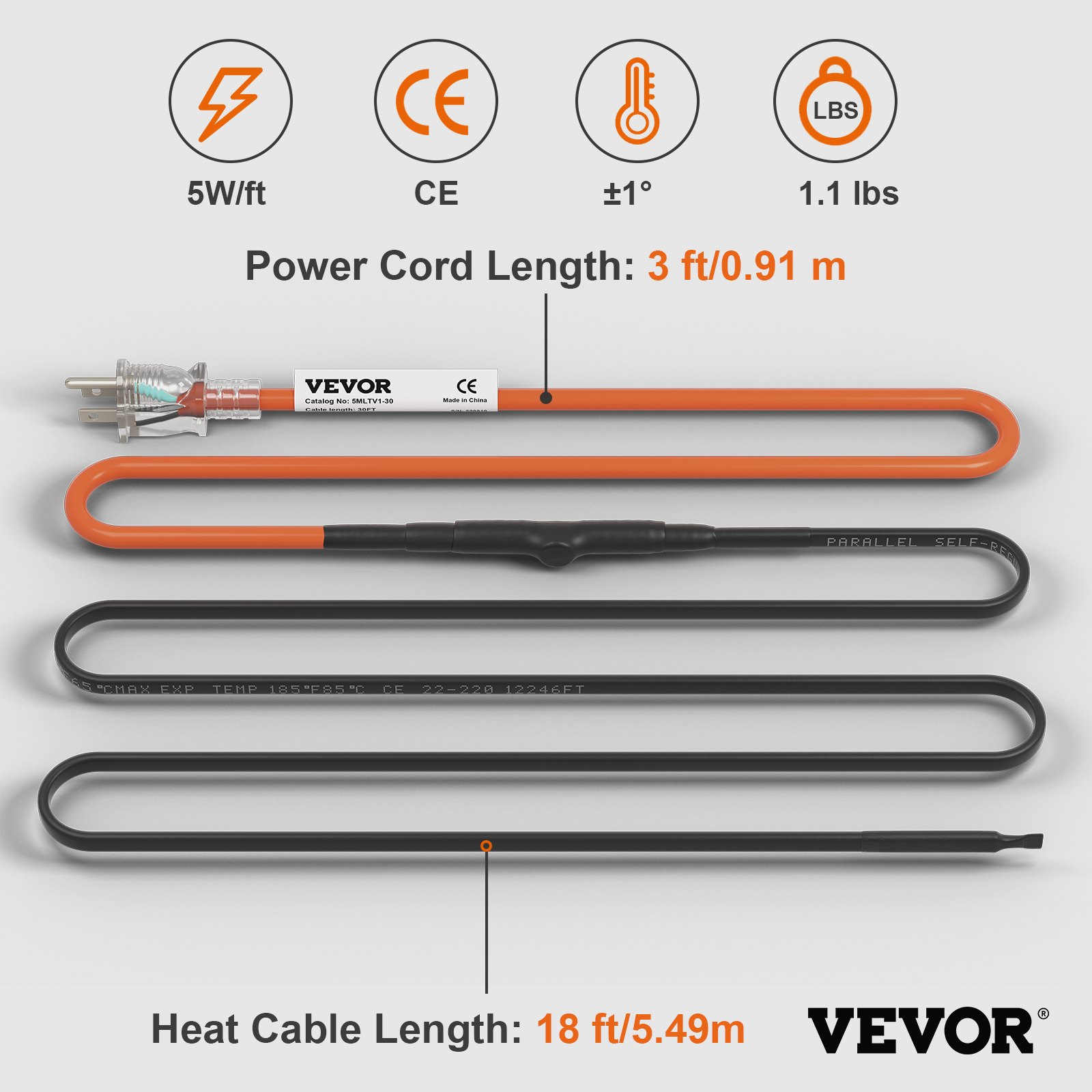 Self Regulating Pipe Heating Cable, 18 Feet 5w Ft Heat Tape For