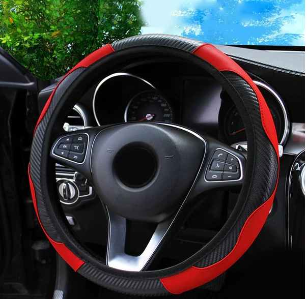Car Steering Wheel Cover Red Black Leather Anti Slip For Carbon