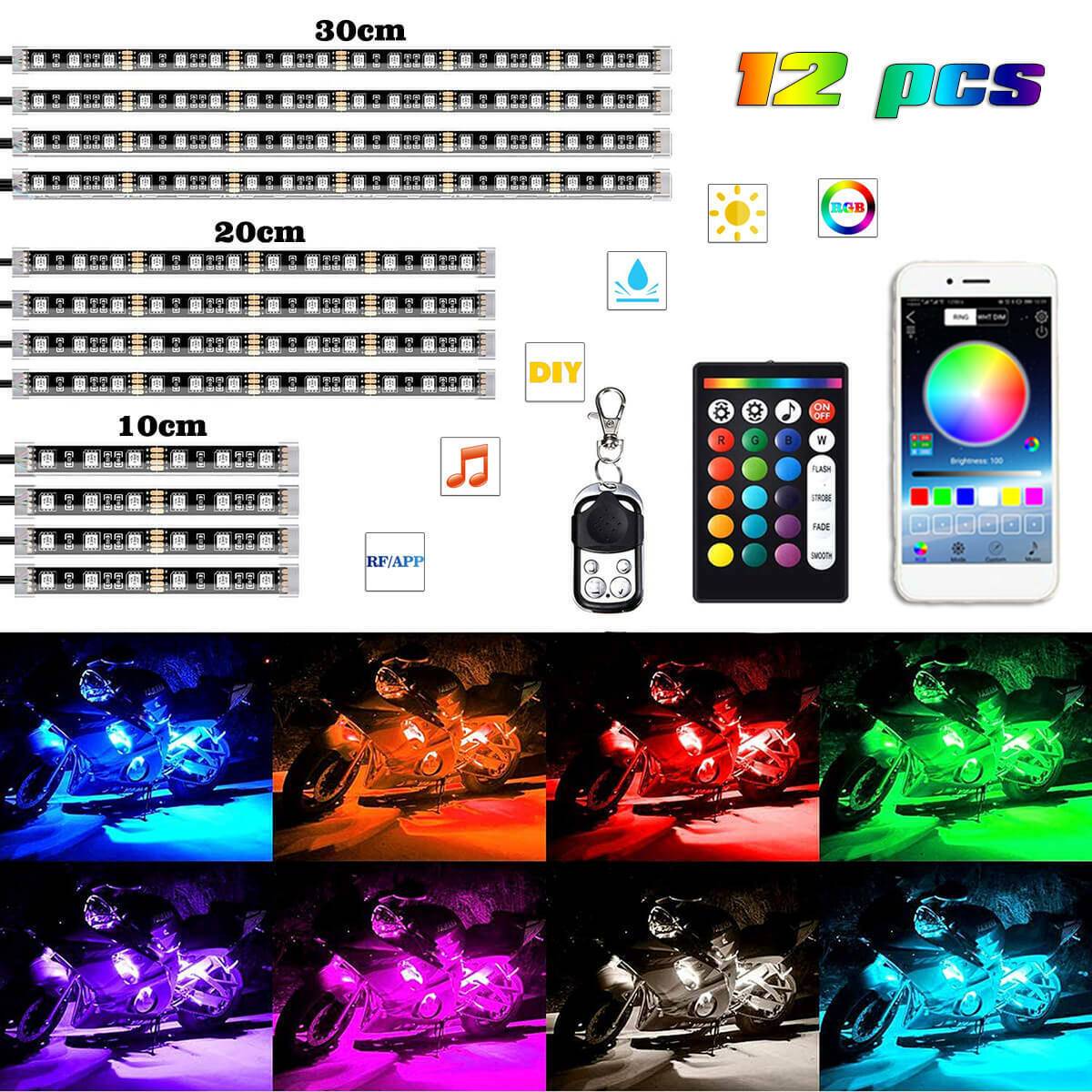 12x Rgb Motorcycle Led Light Kit Under Glow Body Strip For