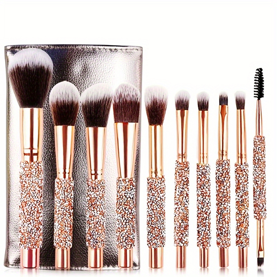 10pcs Luxury Makeup Brush Set Diamond Rivet Handle Design