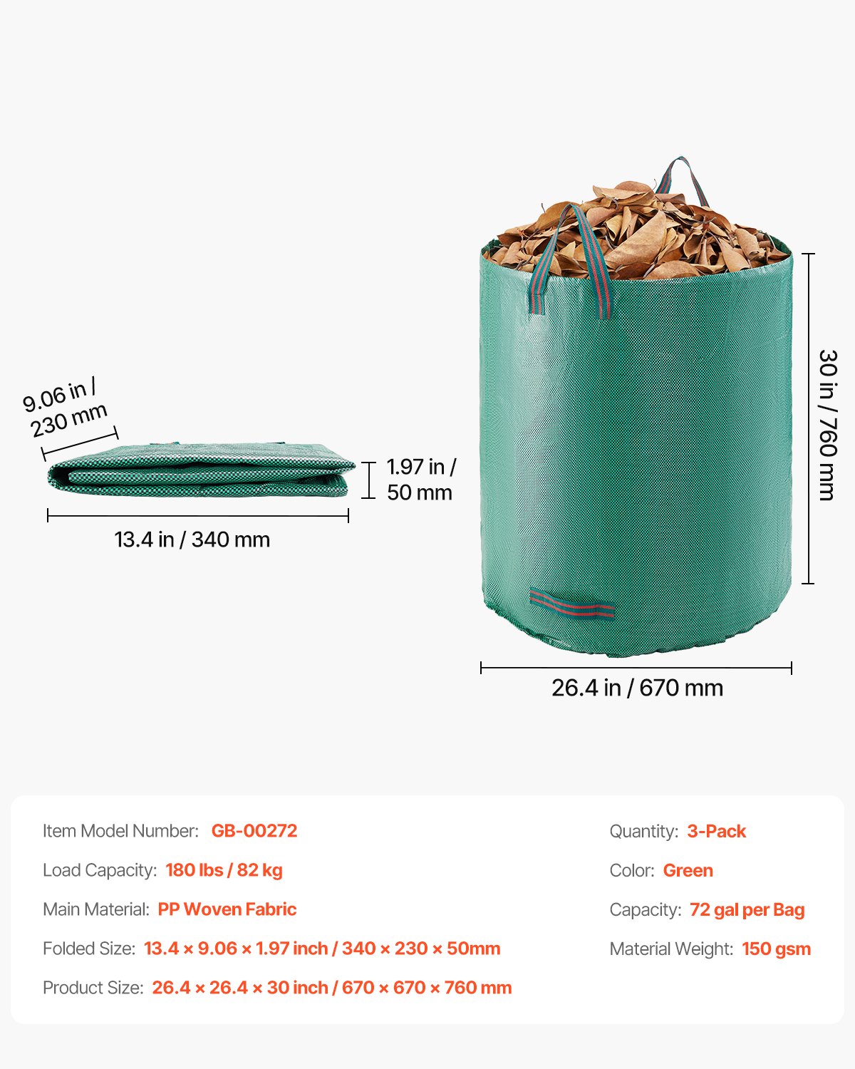 3 Pack 72 Gallon Reusable Yard Waste Bag Garden Leaf Trash