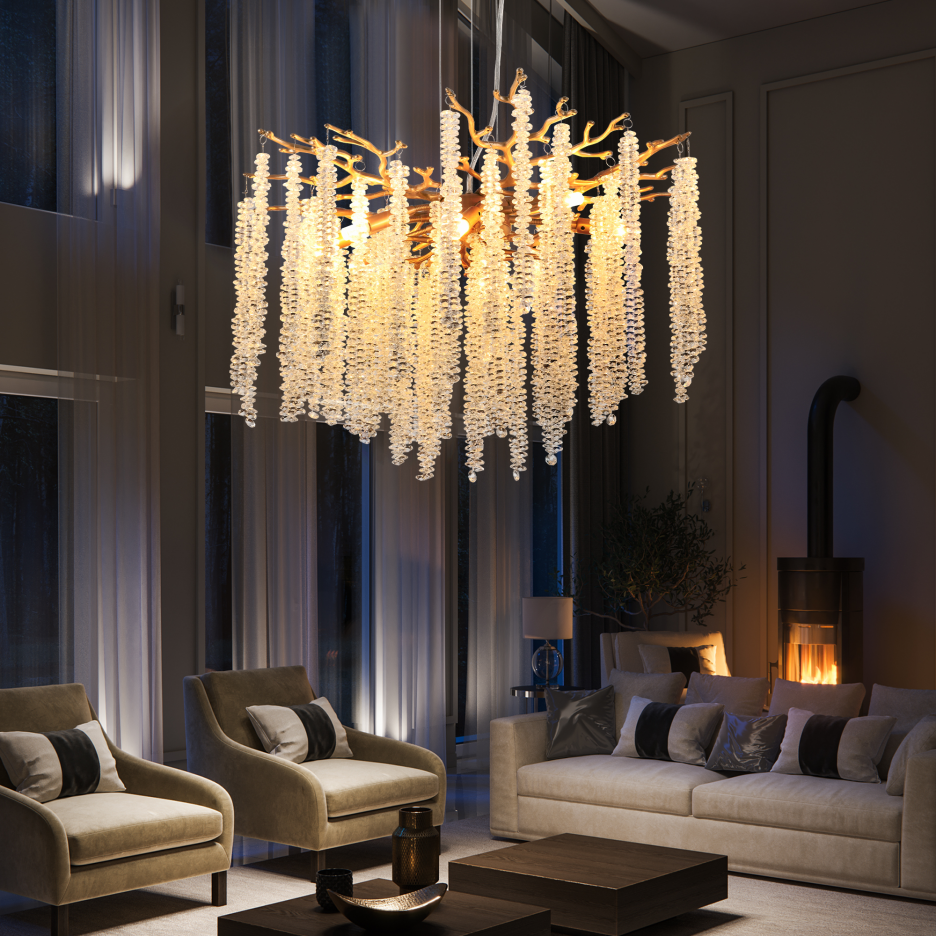 24 Inch Modern Golden Pendant Light With Cascading Crystal