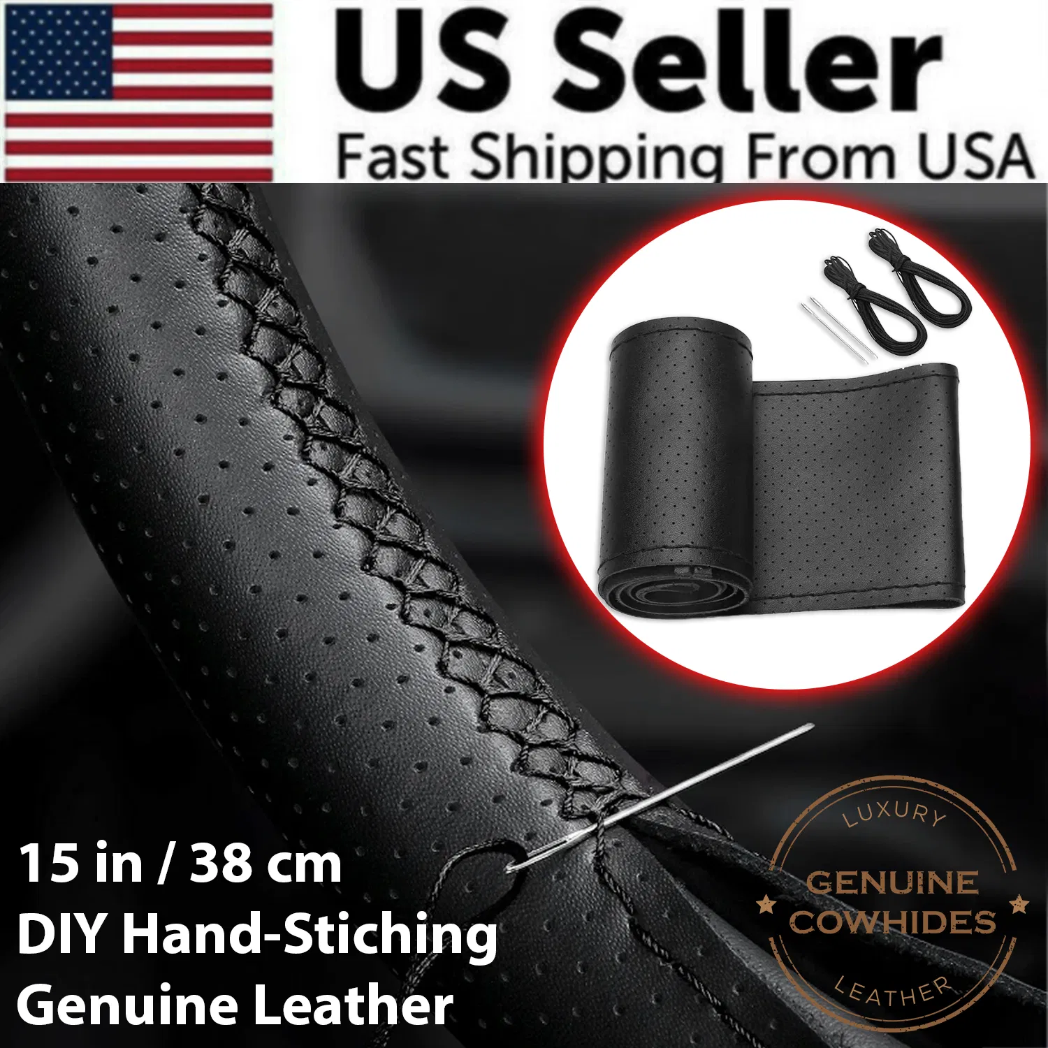Genuine Leather Diy Car Steering Wheel Cover Anti Slip For Cm