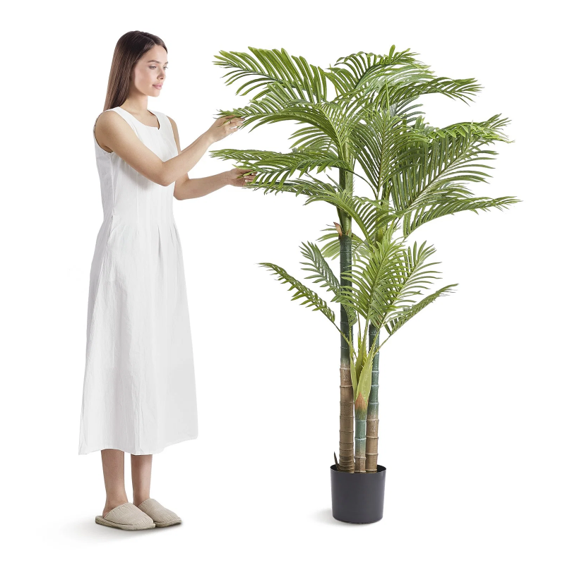 Artificial Gold Cane Palm Tree, 6.5 Ft Tall Faux Plant, Pe