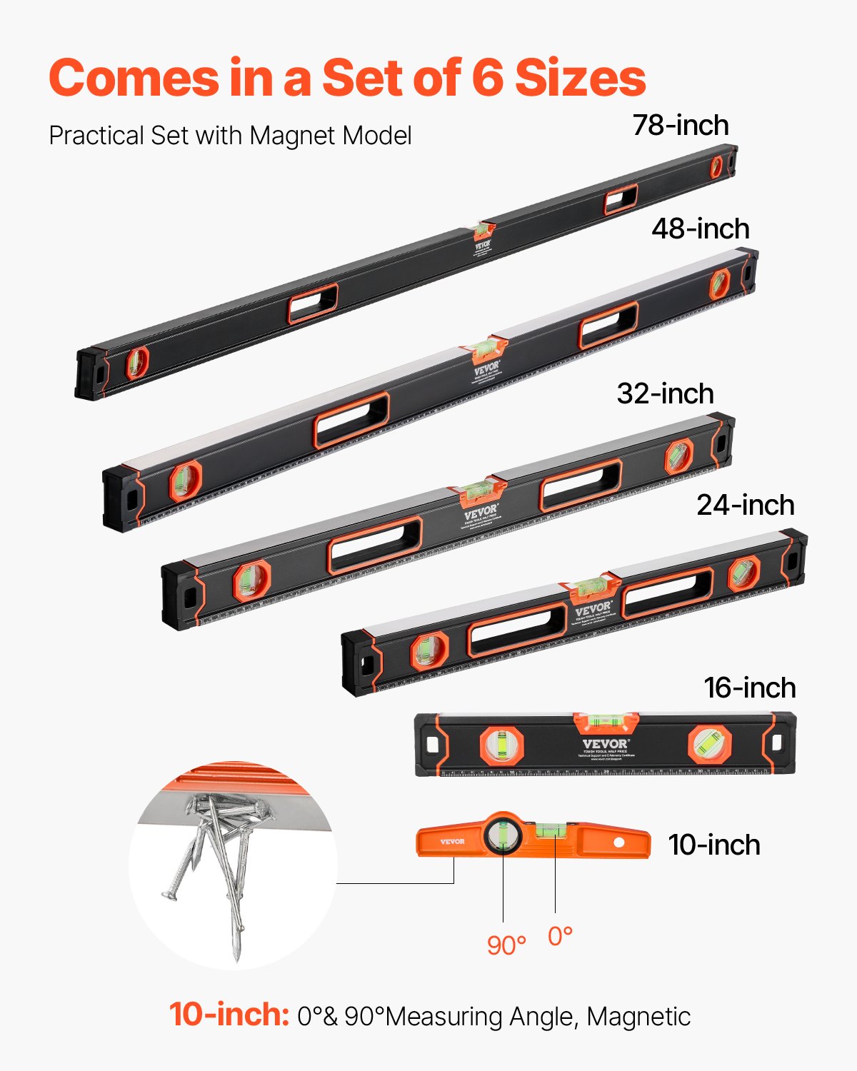 6 Piece Torpedo Level 78 48 32 24 16 10 In Aluminum Alloy Body