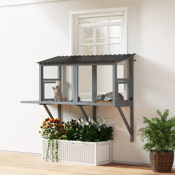 Wooden Cat Catio, Outdoor Cat Enclosure Window Perch With