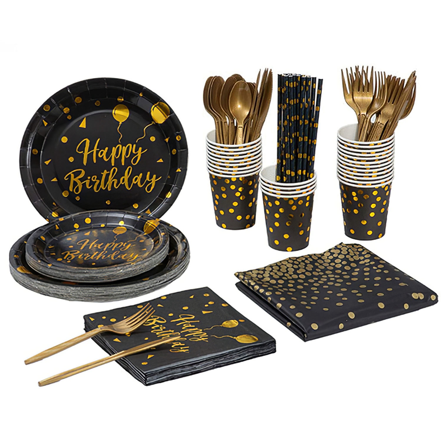 201pcs Black Gold Birthday Party For 25 Guests Happy Birthday