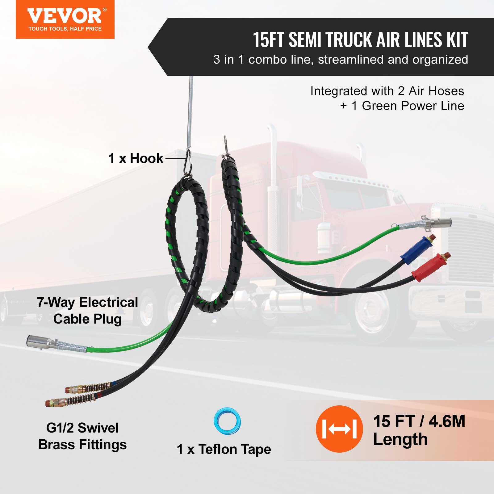 12ft Semi Truck Air Lines Kit, 3 In 1 Air Hoses & Abs Power