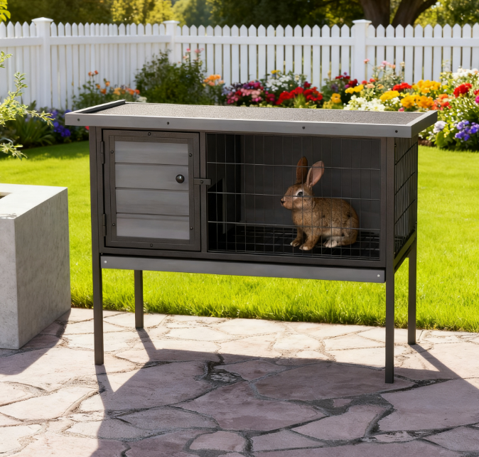 Wooden Rabbit Hutch Elevated With No Leak Tray, Gray