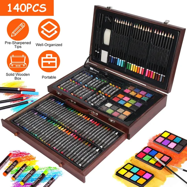 140pcs Art With Colored Pencils Oil Pastels Crayons, Watercolor
