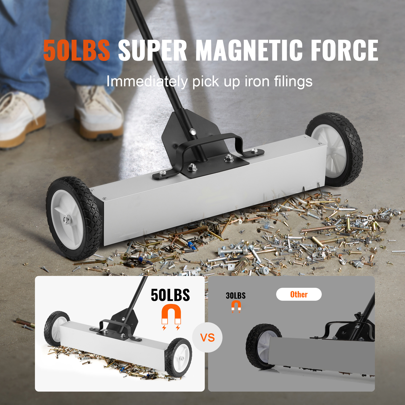 50lbs Rolling Magnetic Sweeper With Wheels, Push Type Magnetic