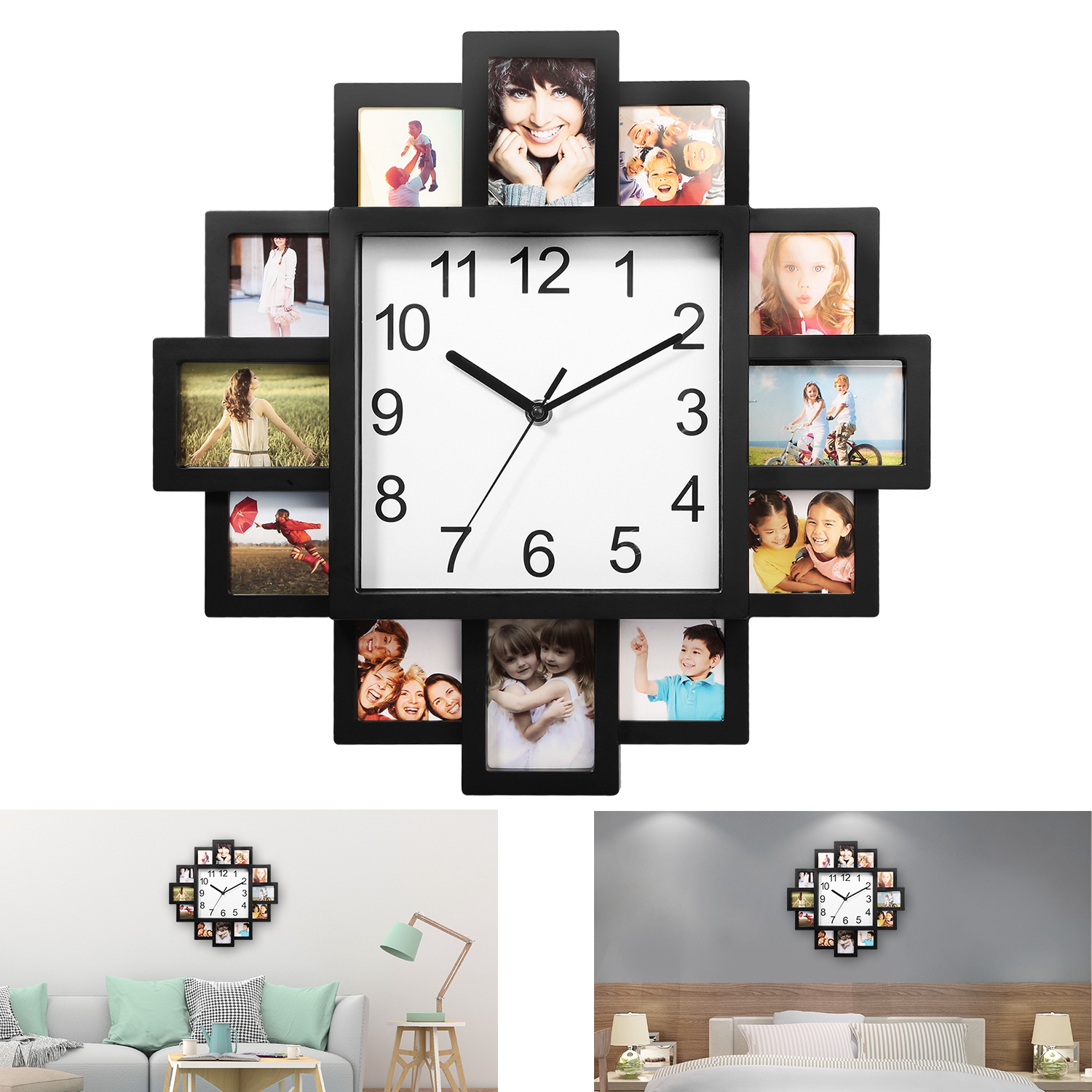Photo Frame Clock Picture Collage 12 Picture Display Wall Clock