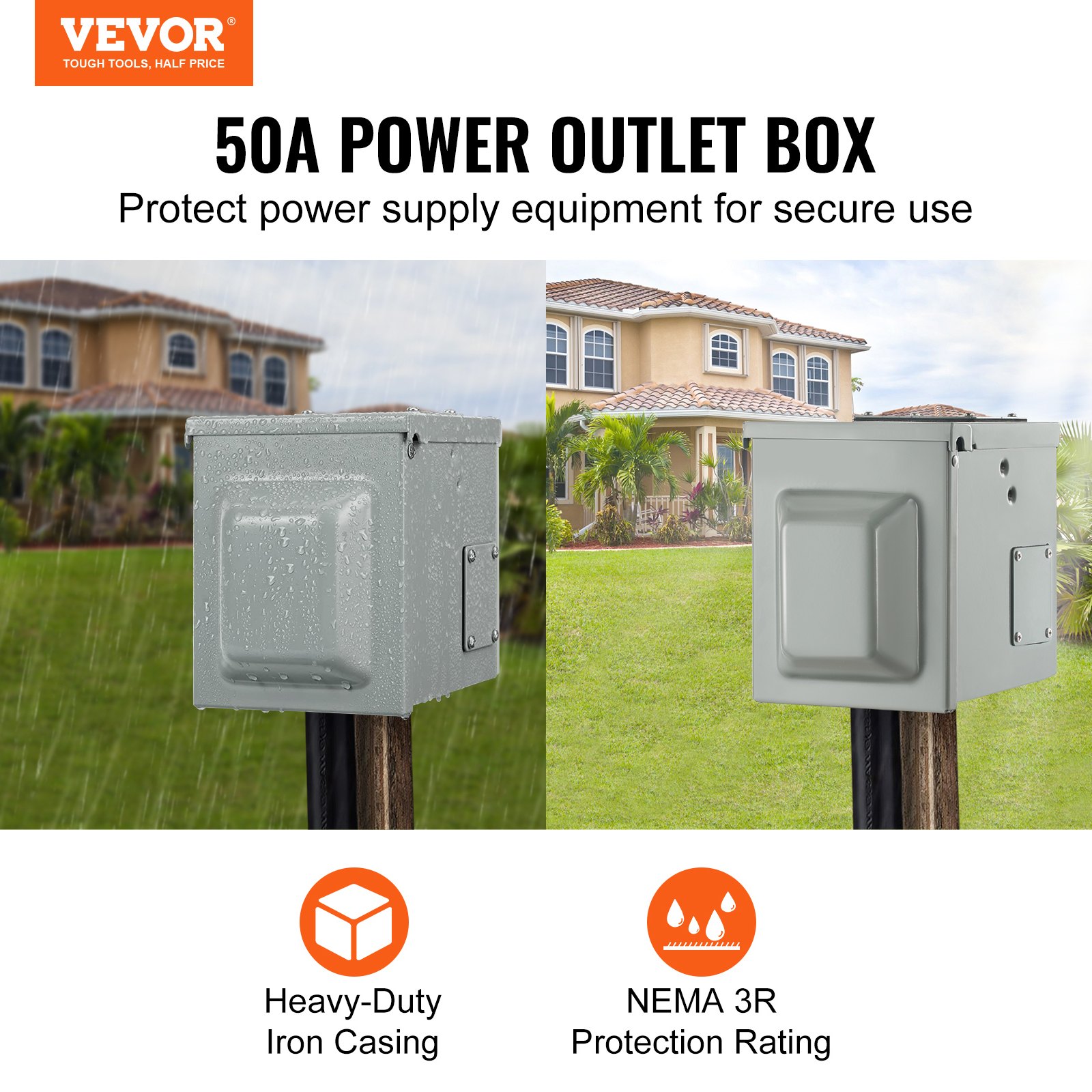 50 Amp Rv Power Outlet Box, 125 250 Volt, Enclosed Lockable
