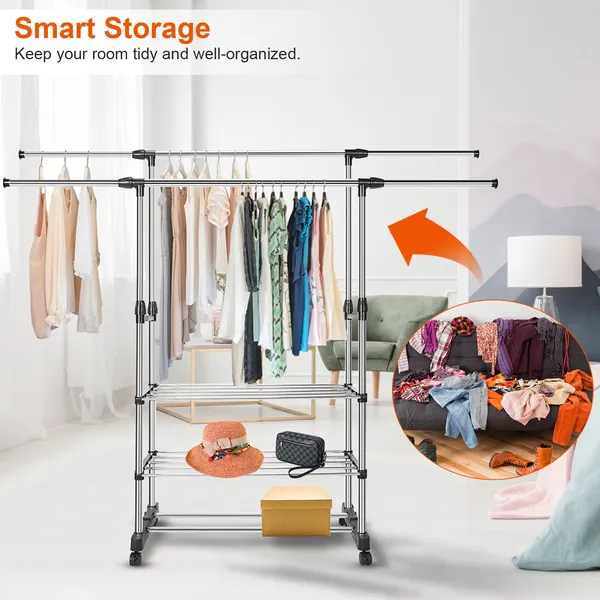Garment Hanging Rack Extendable Clothing Hanging Rail Organizer
