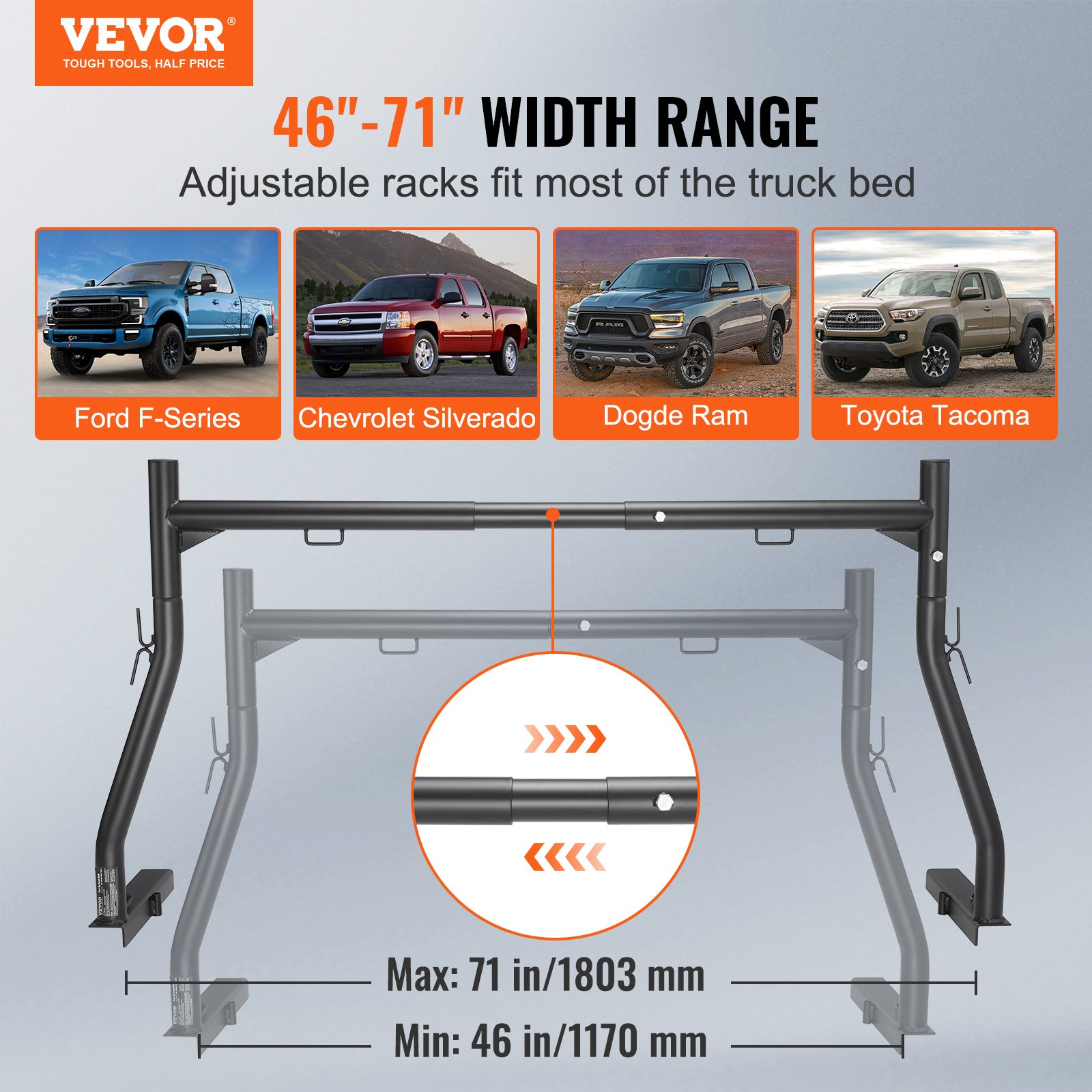 Truck Rack, 46 71inch Extendable Truck Ladder Rack, 800 Lbs