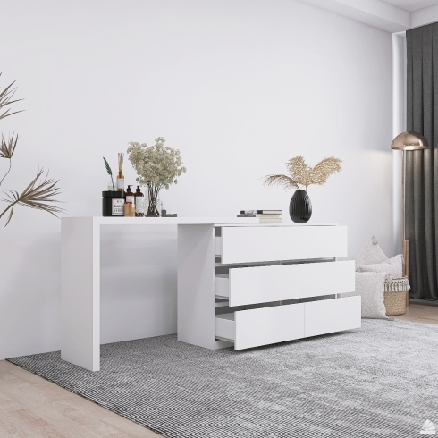 Extended Desktop 6 Drawers Chest Of Drawer Without Handle White