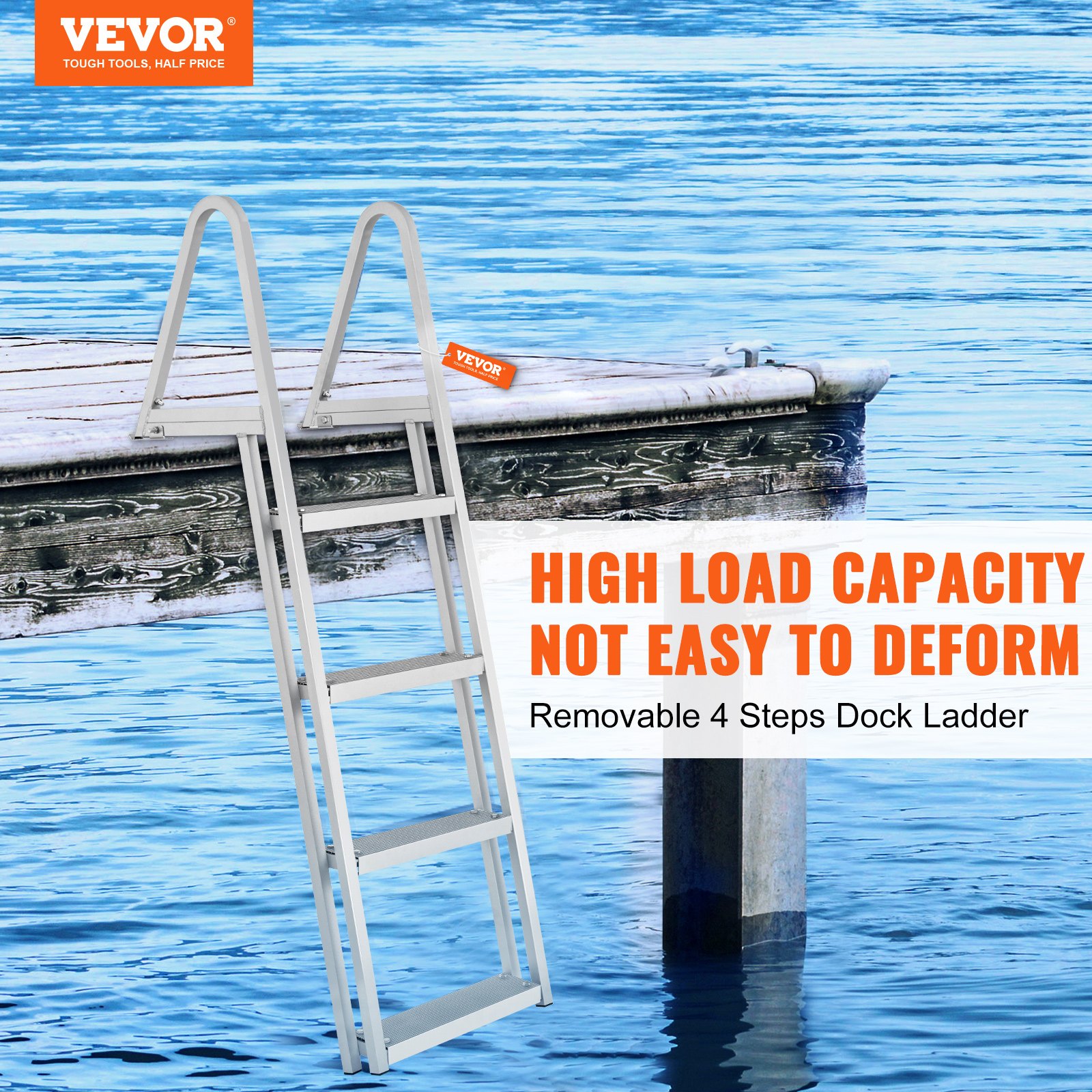 Dock Ladder, Removable 4 Steps, 350 Lbs Load Capacity, Aluminum