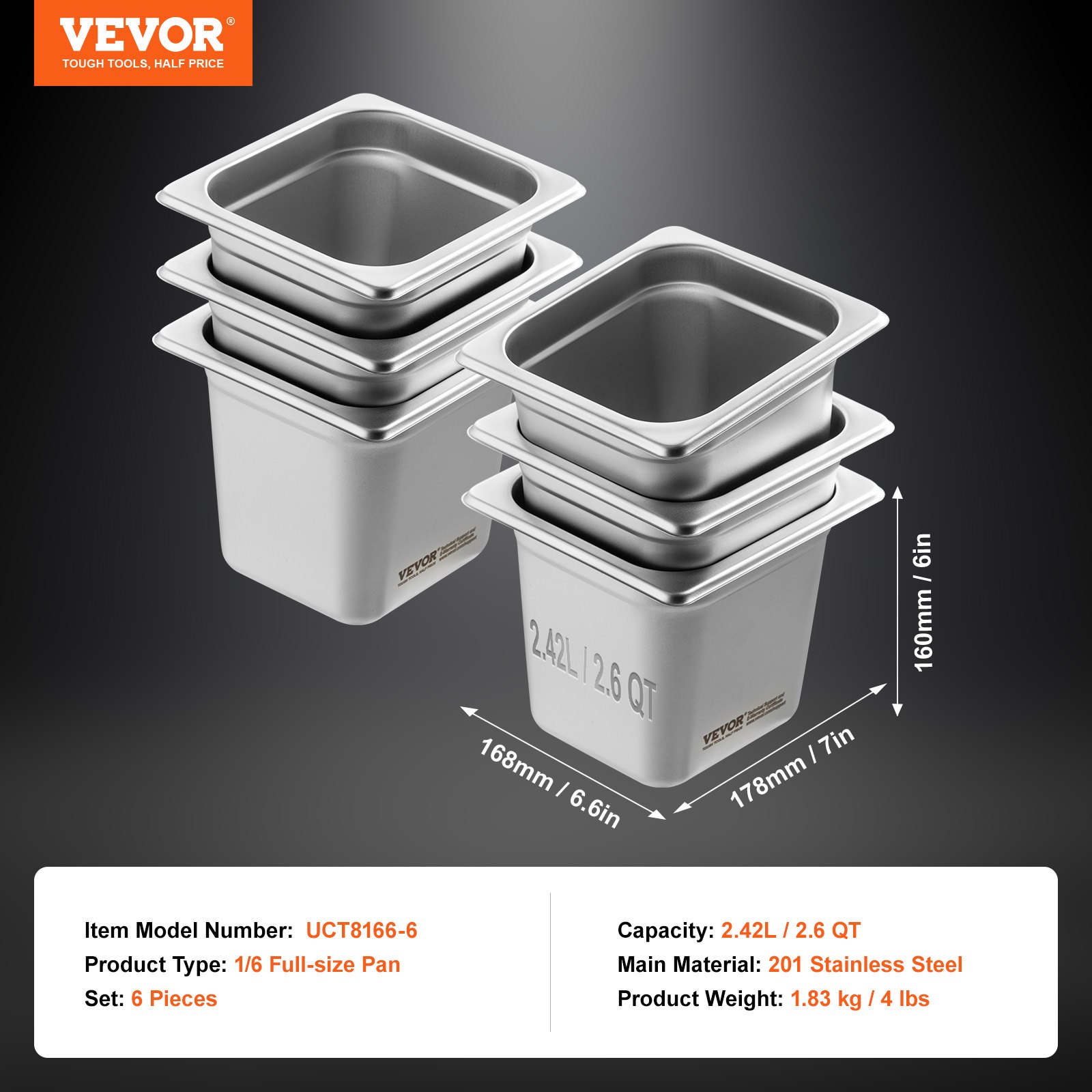 6 Pack Hotel Pans, Size Anti Jam Steam Pan, 0.8mm Thick