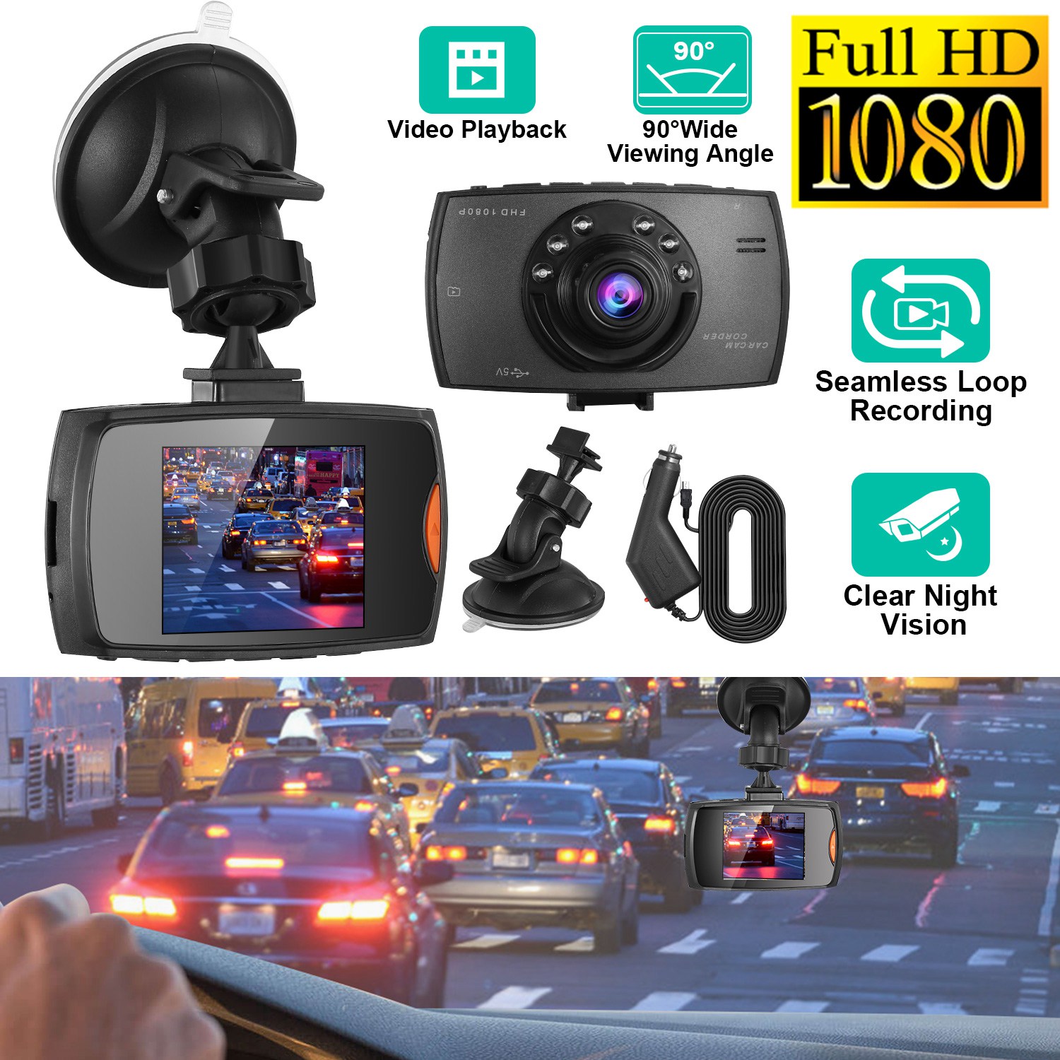 1080p Car Dvr Camera Dash Cam Camcorder 90 Degree Angle Loop