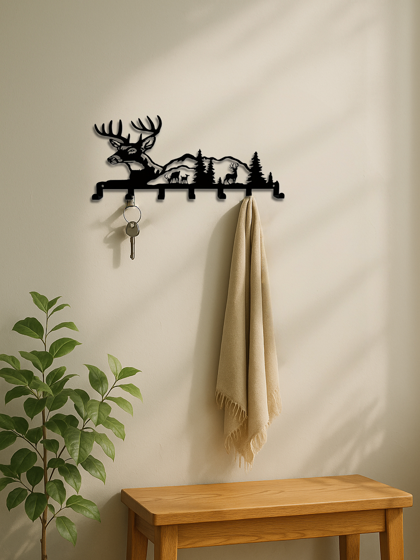 Deer And Forest Metal Key Hook Nature Themed Wall Organizer For