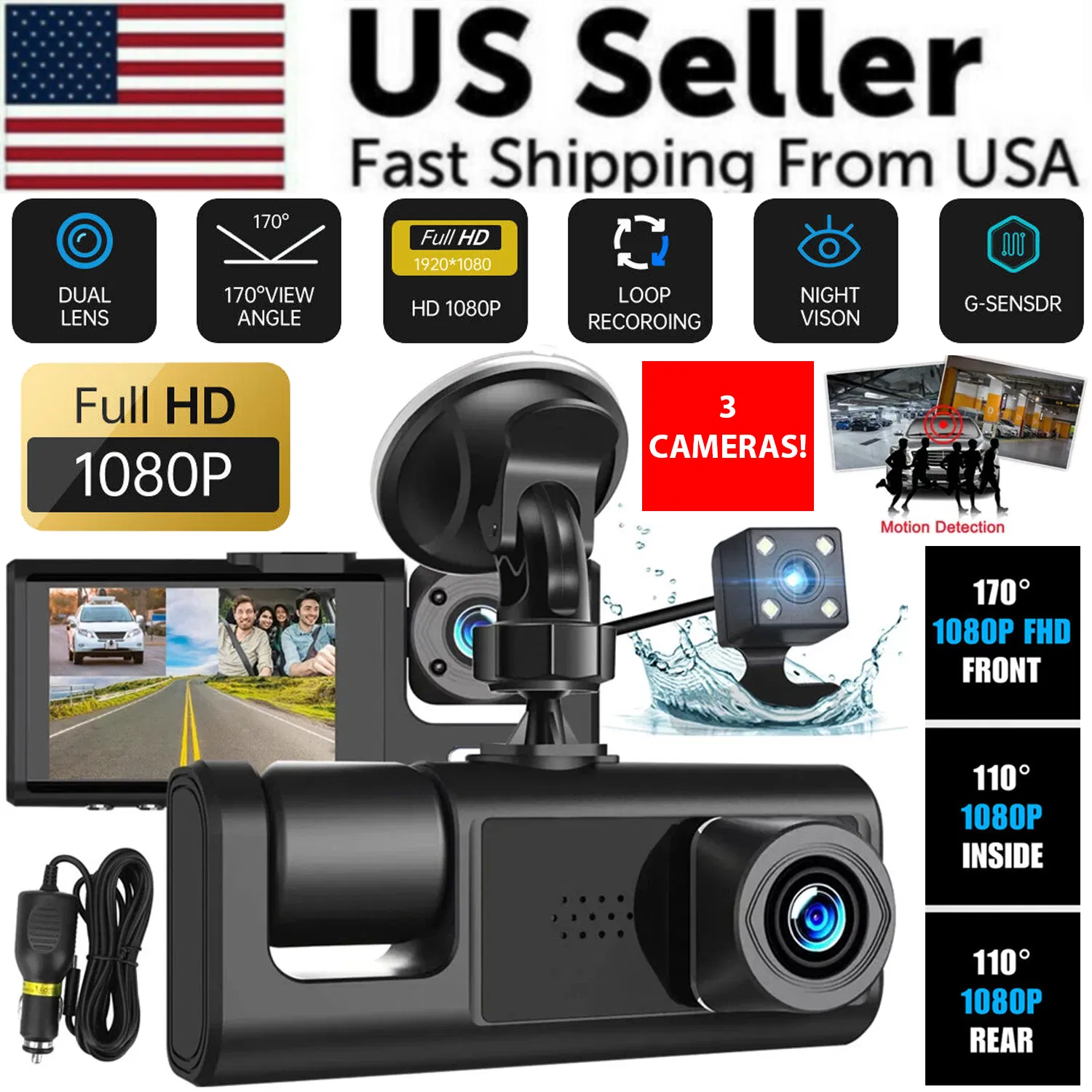 Car Dual Lens Dash Cam Hd 1080p Front Rear Inside Video