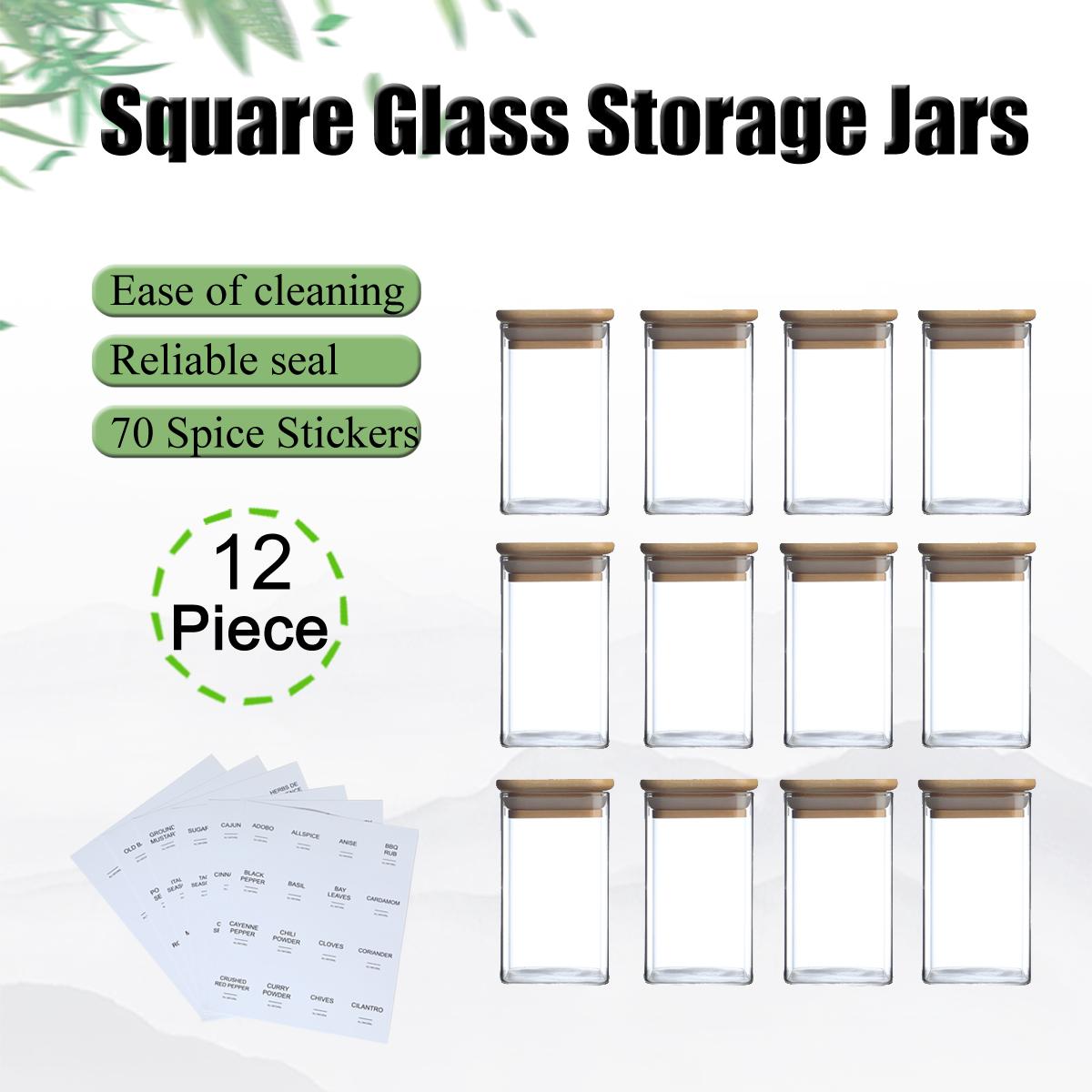 12pcs Square Spice Jars With 72 Stickers, Kitchen Pepper Jars