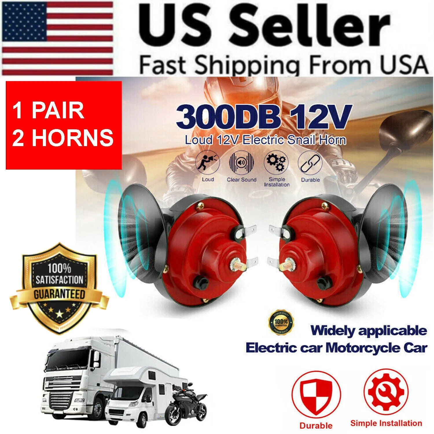 2pc 12v 300db Super Loud Train Air Horn Waterproof Motorcycle