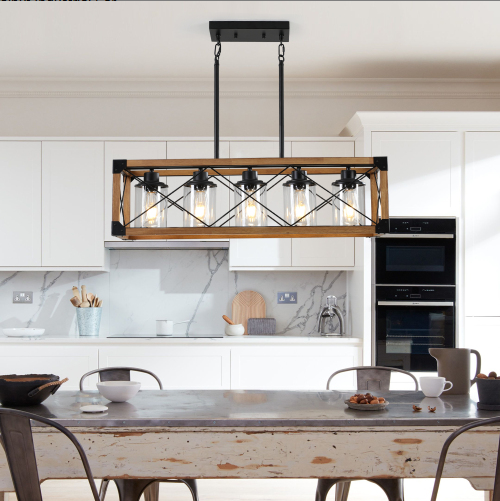 32 Inch Walnut Industrial Farmhouse Rectangle Pendant Light, 5