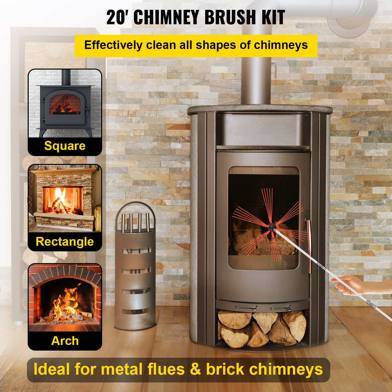 Chimney Sweep Kit 20ft Length, Chimney Brush Kit With 6 Nylon