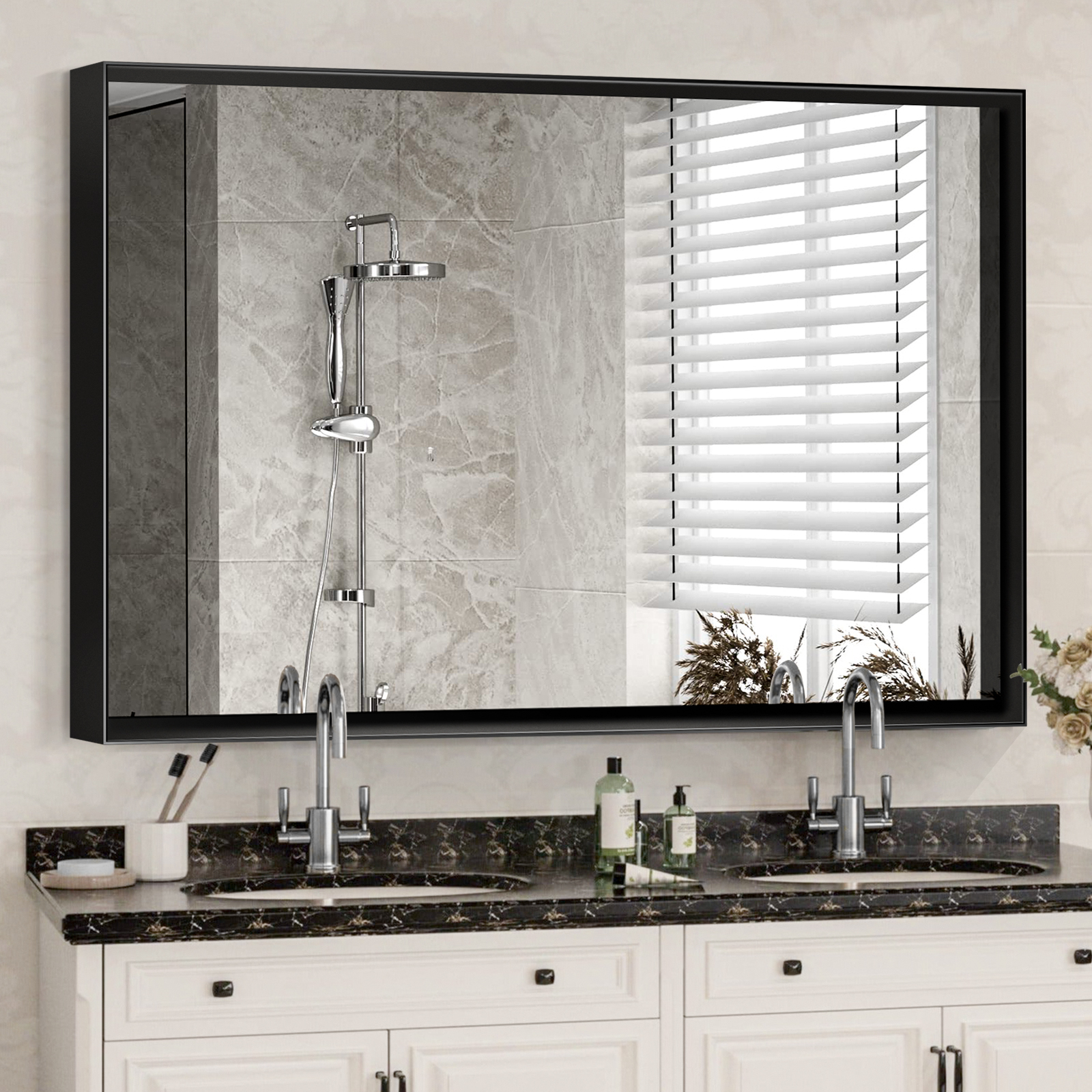 40x30 Inch Glossy Black Bathroom Mirror Wall Rectangular Vanity