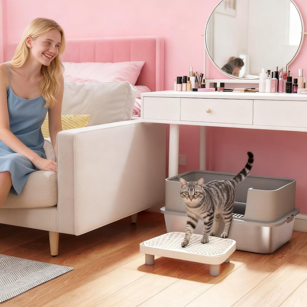 Stainless Steel Cat Litter Box With High Sides, Metal Cat