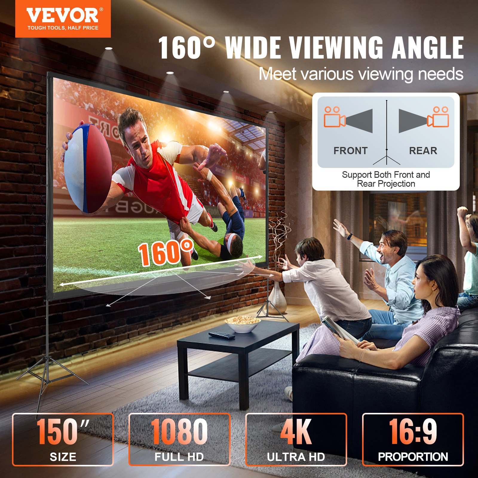 Projector Screen With Stand, 150 Inch 16 9 4k 1080 Hd Outdoor
