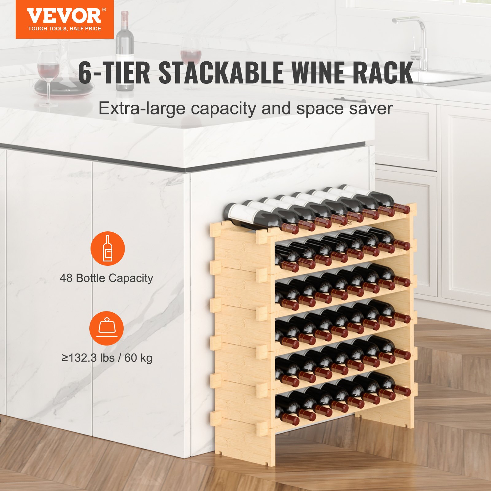 48 Bottle Stackable Modular Wine Rack Bamboo Wood Display Shelf