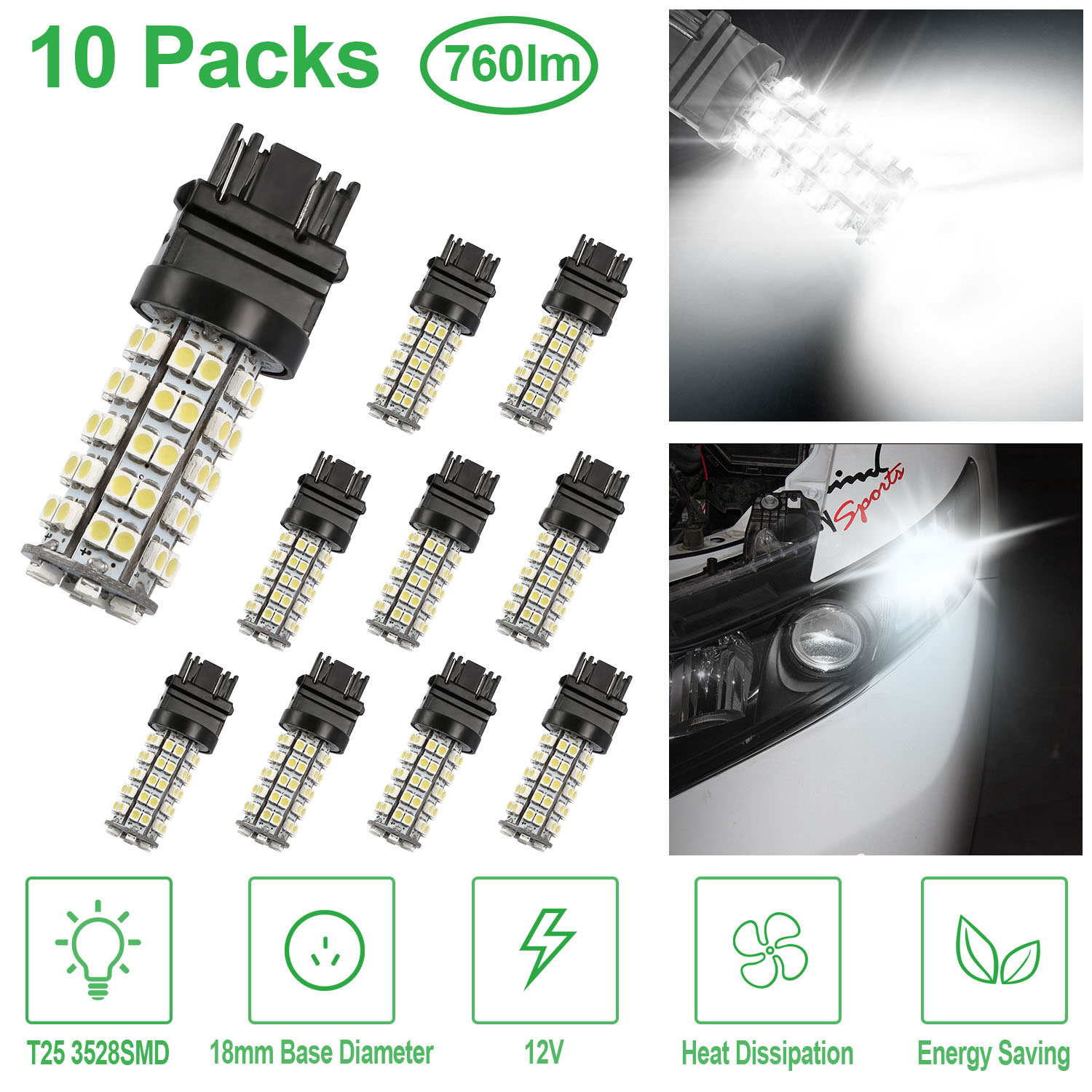 10pcs Per Kit Led Car Light Bulbs 760lm T25 3528smd 6000k Pure