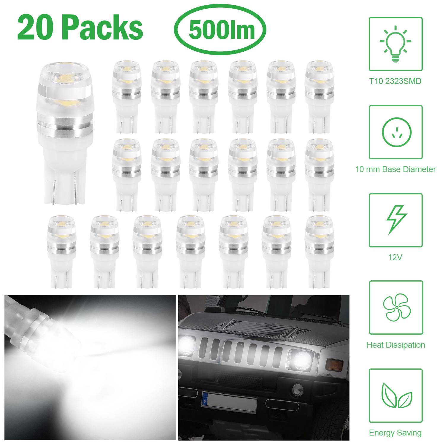 20pcs Per Kit Led Car Light Bulbs 500lm T10 2323smd 6500k White