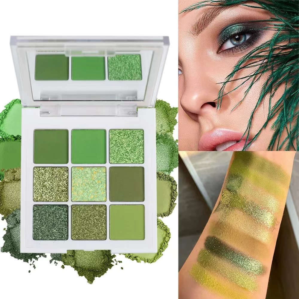 9 Colors Green Eyeshadow Palette, Neutral Matte Shimmer Glitter