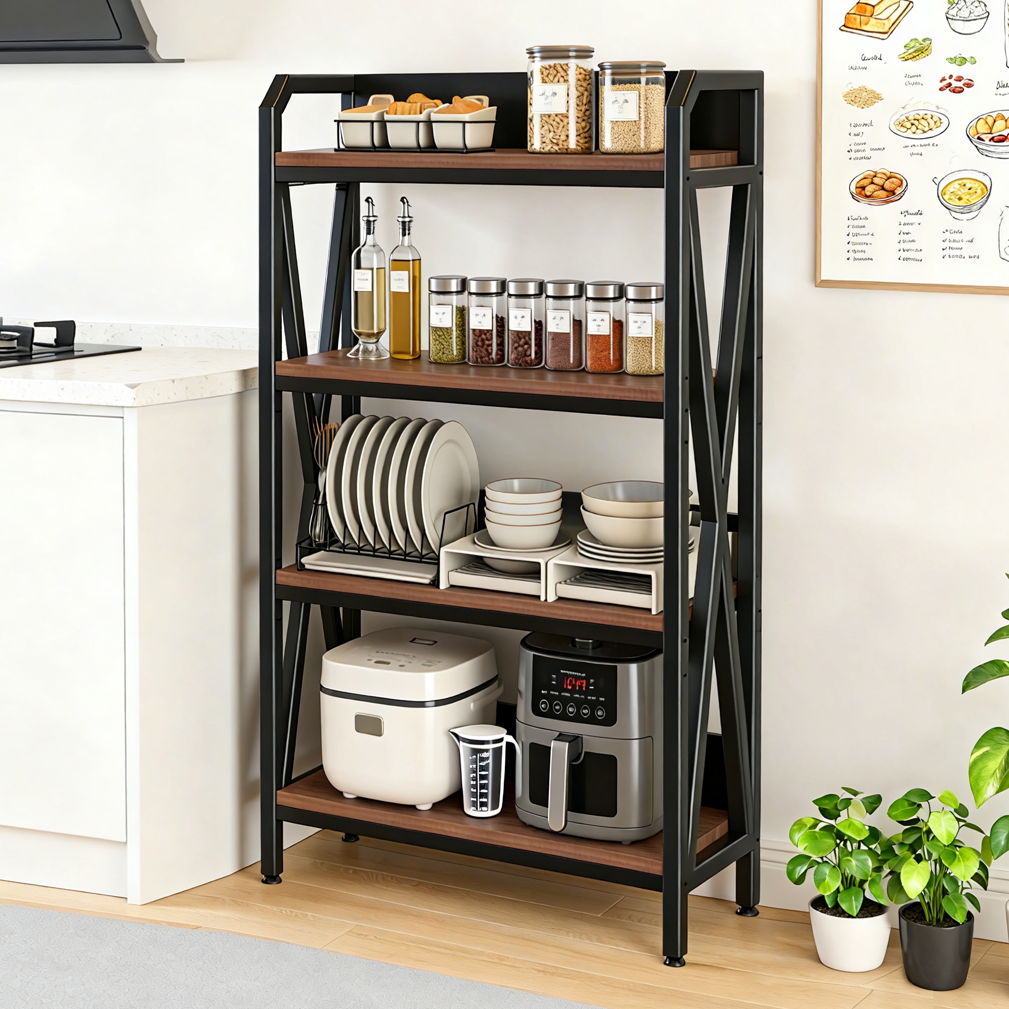 56.30'' Bakers Rack 4 Level Storage Shelves Metal And Wooden