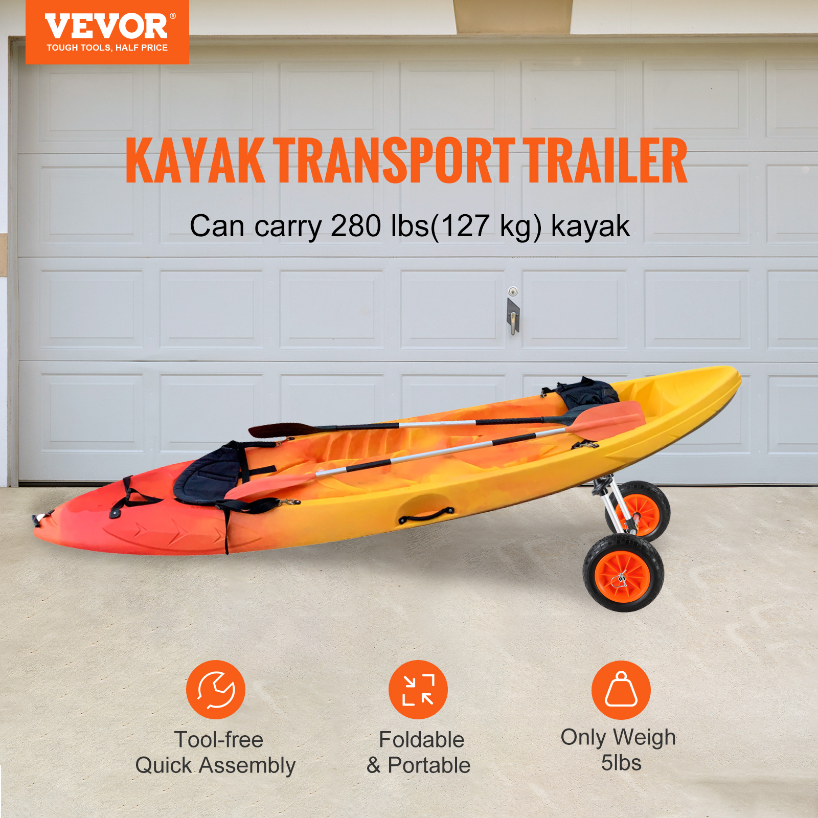 Heavy Duty Kayak Cart, 280lbs Load Capacity, Detachable Canoe