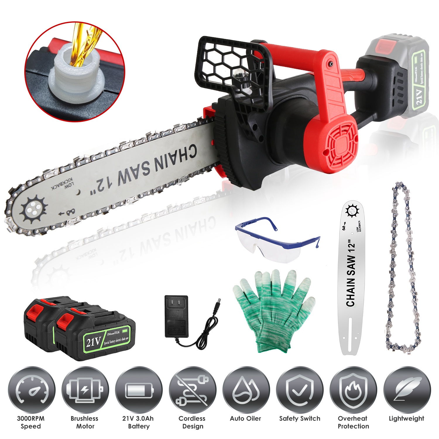 12inch Electric Cordless Chainsaw With 2pcs 21v 3000mah Battery