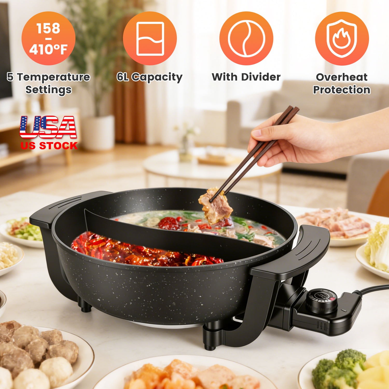 6l Electric Pot With Divider 1100w Dual Flavor Pot Shabu Shabu