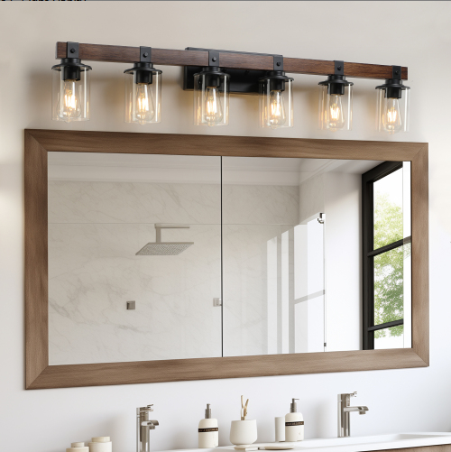 42 Inch Rustic 6 Light Vanity Light, Industrial Bathroom Wall