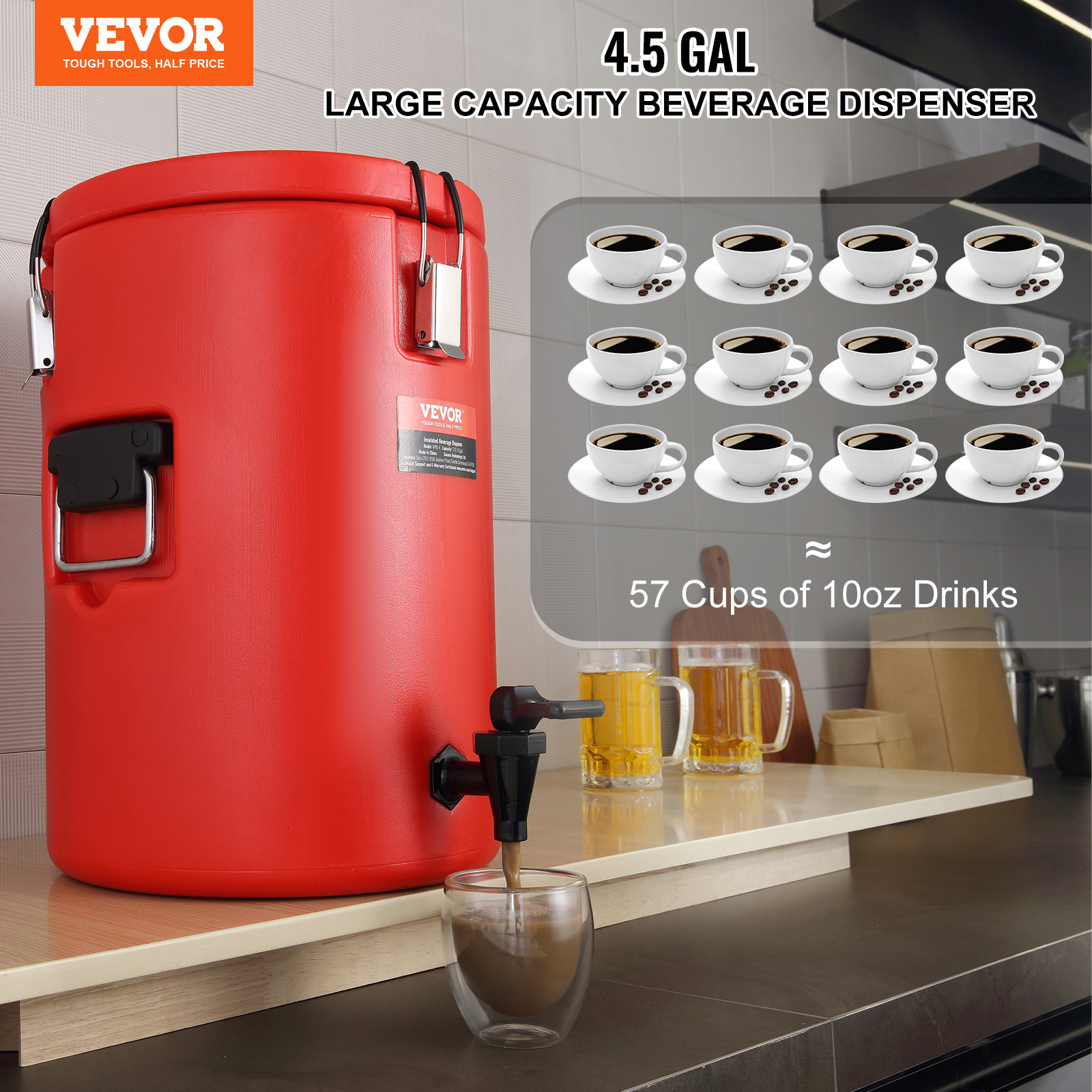 Stainless Steel Insulated Beverage Dispenser, 4.5 Gallon 17.2