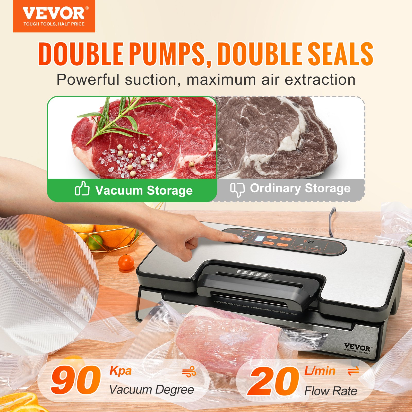 Vacuum Sealer Machine, 90kpa 130w Powerful Dual Pump And Dual