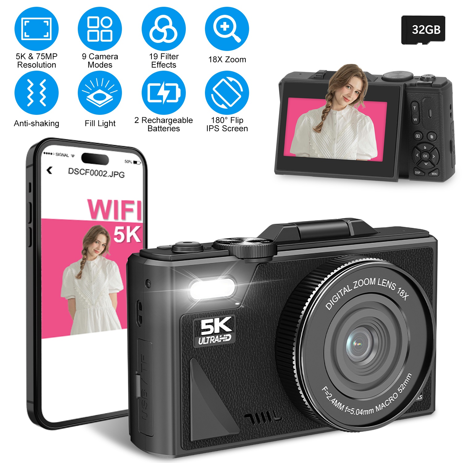 5k 75mp Digital Camera For Photography Anti Shake Wifi Vlogging