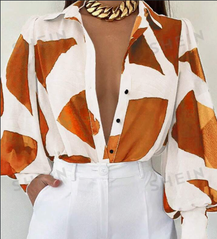 Women'S Elegant Loose Geometric Print Lantern Sleeve Blouse,
