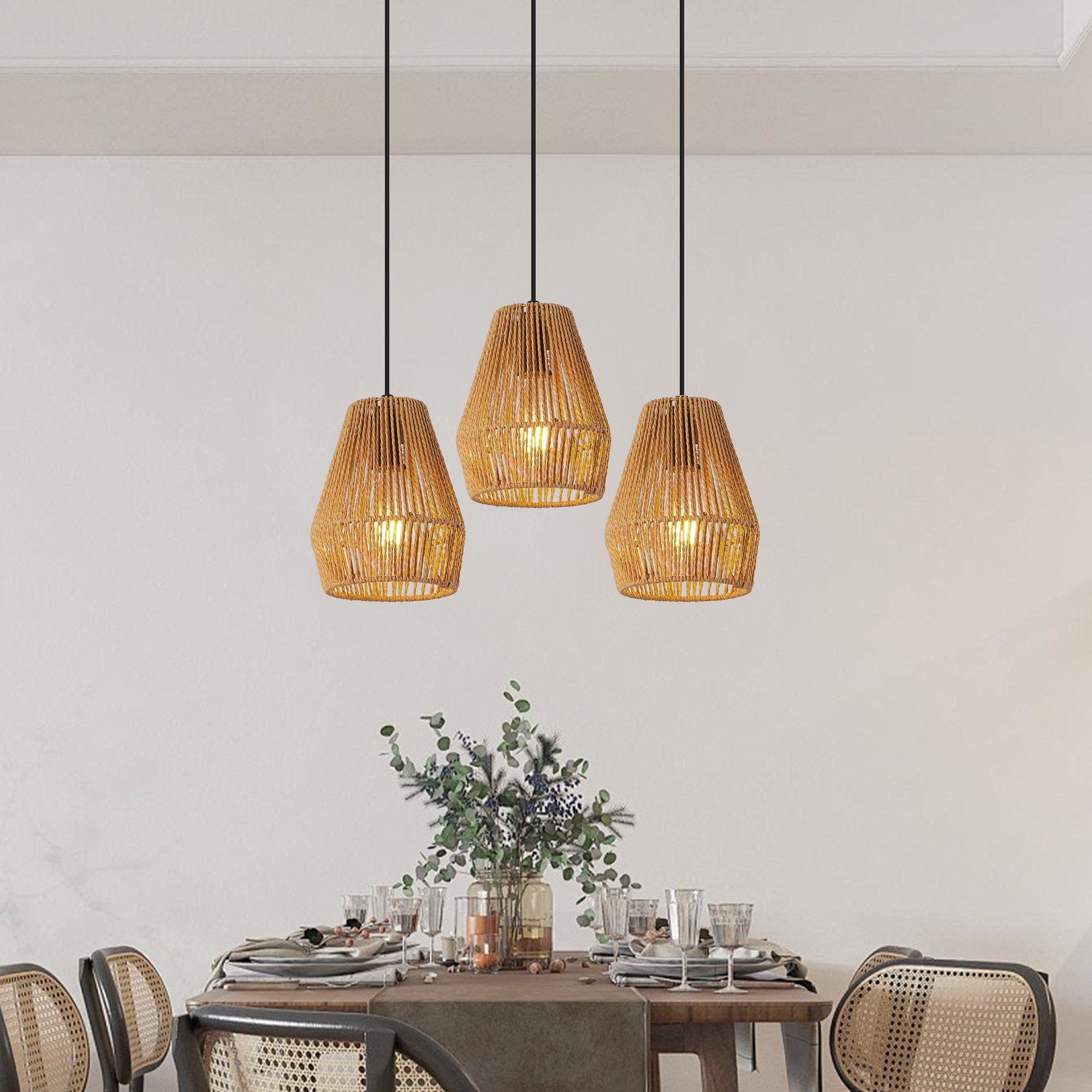 7inch Set Of 3 Rustic Hemp Rope Pendant Light, Handcrafted
