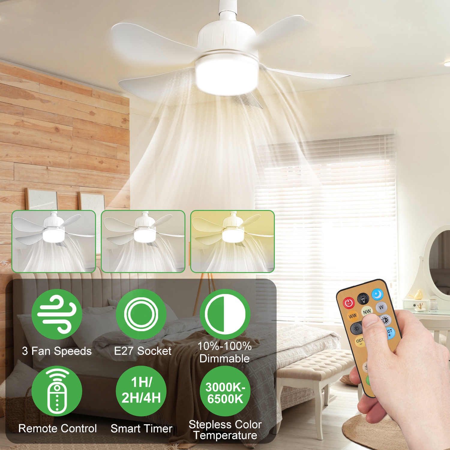Socket Fan Light 12w Ceiling Fan With Lights Dimmable Led