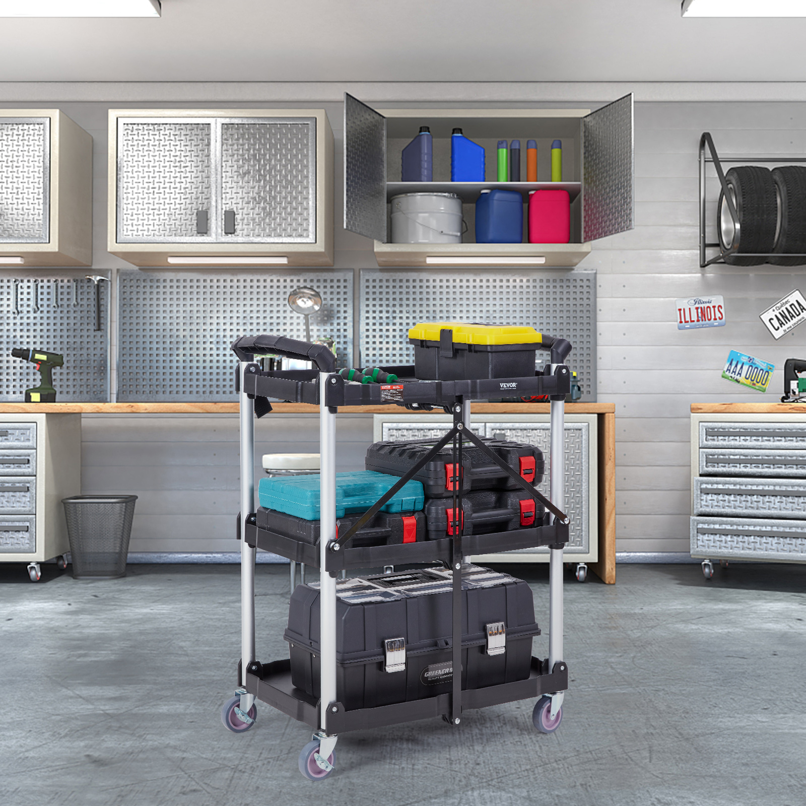 Foldable Utility Service Cart, 3 Shelf 165lbs Heavy Duty